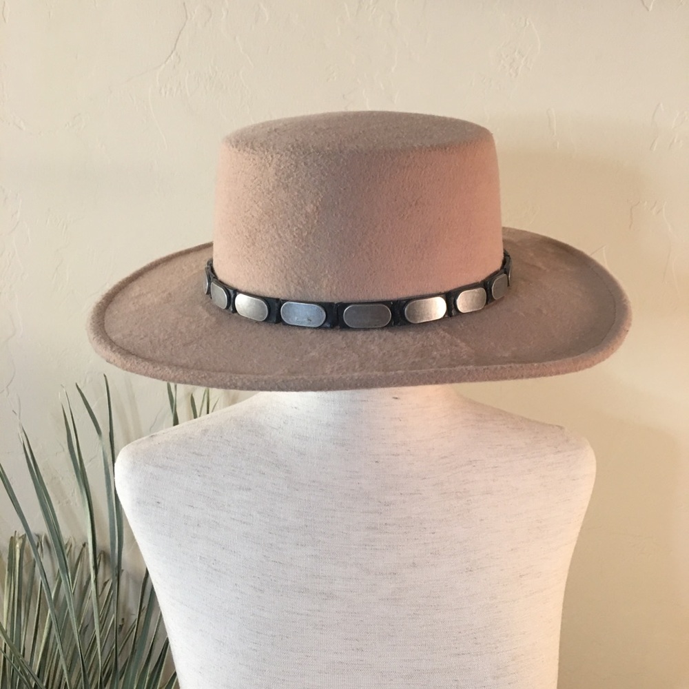 Tan wide brim boater felt wool look hat boho chic